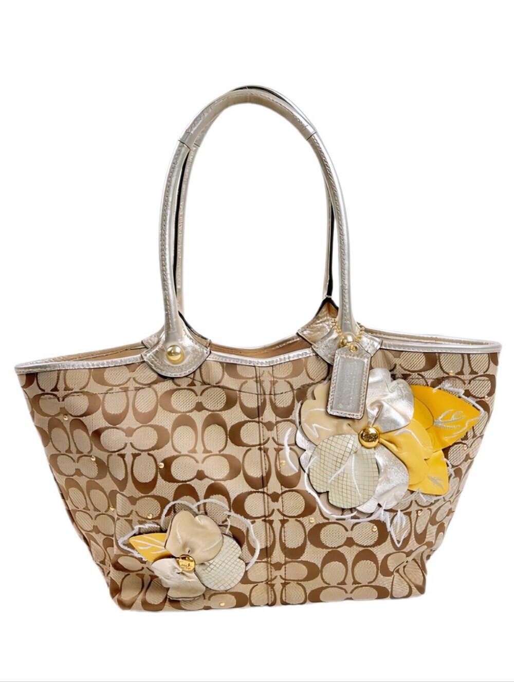 🆕Coach Bleecker Signature Patchwork Floral Applique Metallic Gold Tote Bag Y2K